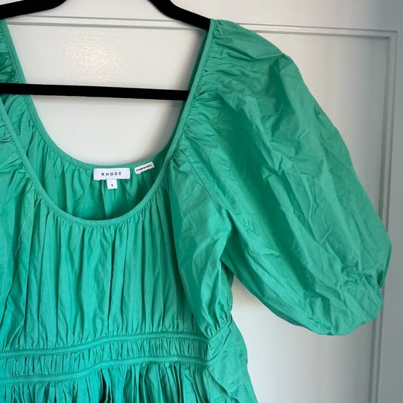 Rhode Flare Mini Dress Balloon Sleeves Mint Green Self Tie Cord Accent Small - Picture 5 of 6